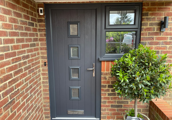 modern entrance door with five square windows