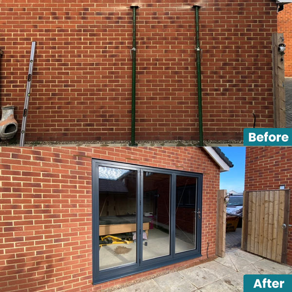 image showing a brick wall renovation with before and after